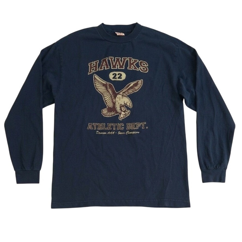 VTG Y2K Fossil Brand Mens Hawks Athletic Dept Graphic Long Sleeve T-Shirt Navy M
